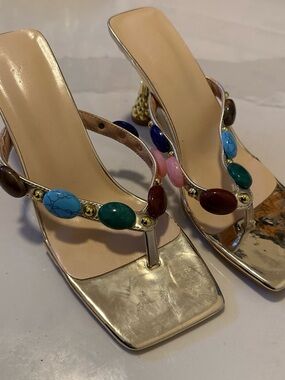 Gold Beaded Thong Sandals with Multicolor Stones